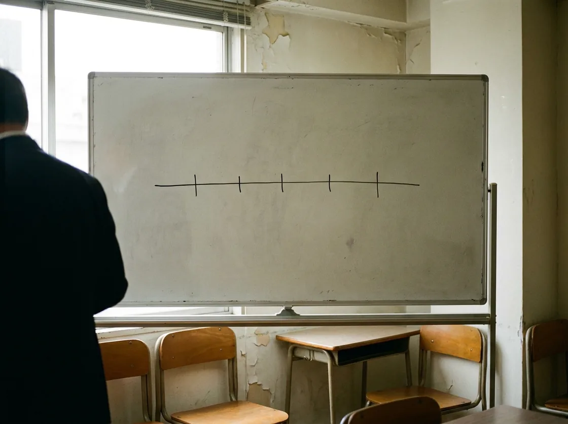 ホワイトボードに引いた1本の線と、そこに付けられた区切りの印