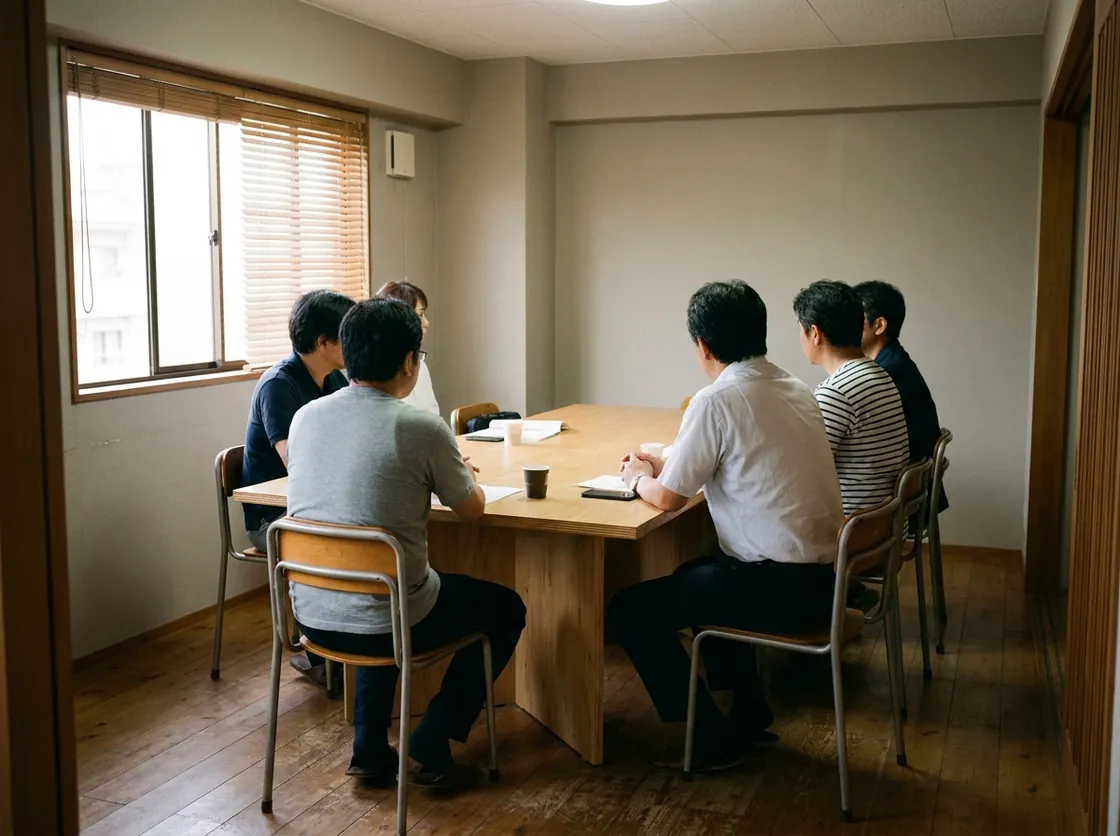 貸会議室でテーブルを囲んで話している参加者を、部屋の後方から撮影した様子
